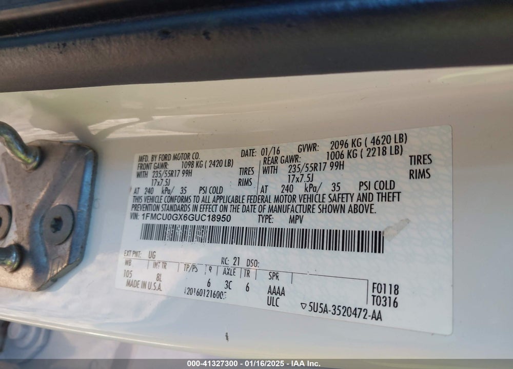 2016 FORD ESCAPE SE VIN: 1FMCU0GX6GUC18950
