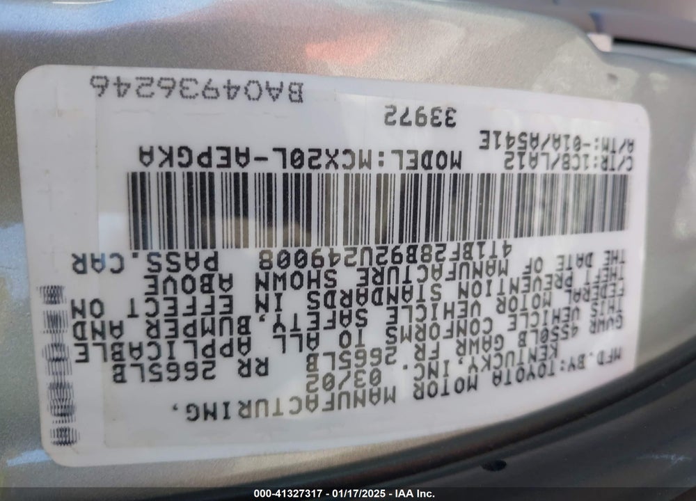 2002 TOYOTA AVALON XLS VIN: 4T1BF28B92U249008