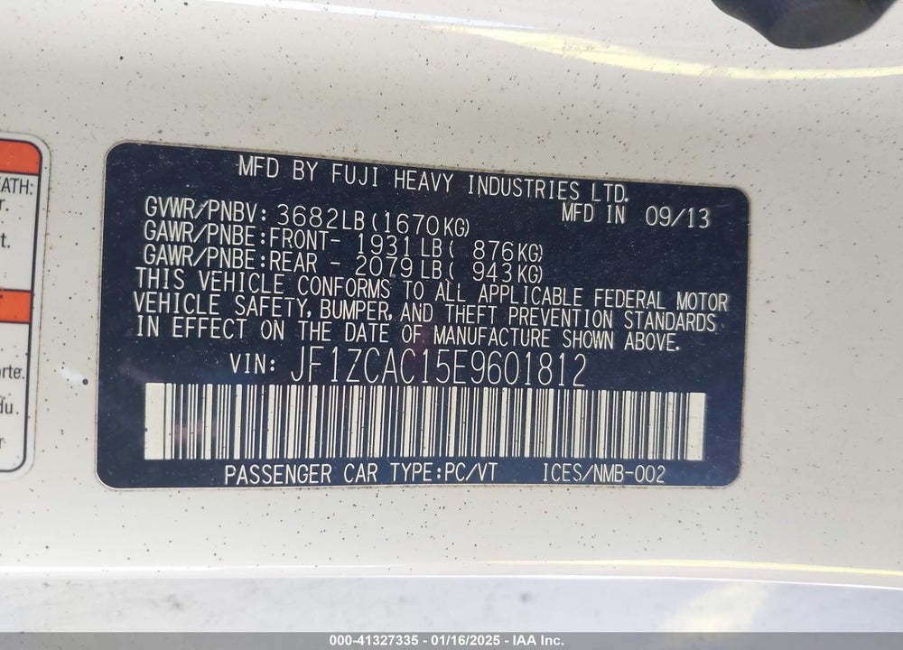 2014 SUBARU BRZ VIN: JF1ZCAC15E9601812