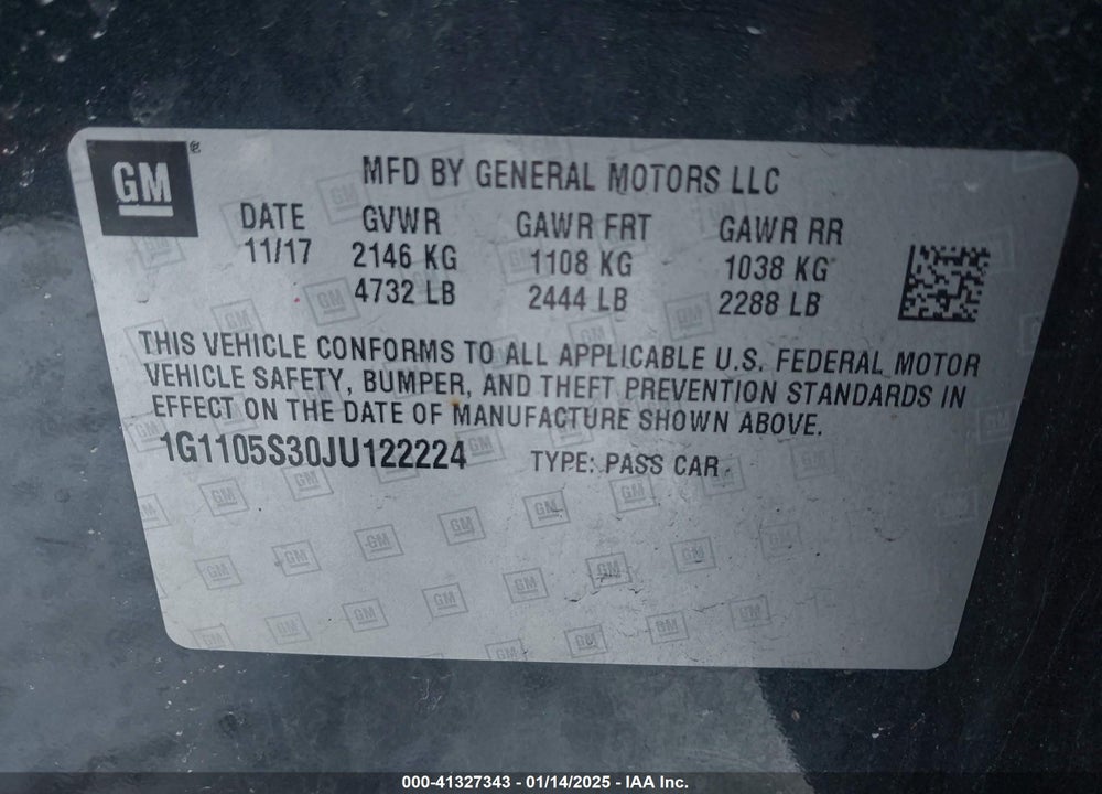 2018 CHEVROLET IMPALA VIN: 1G1105S30JU122224