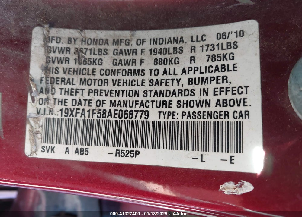 2010 HONDA CIVIC LX VIN: 19XFA1F58AE068779