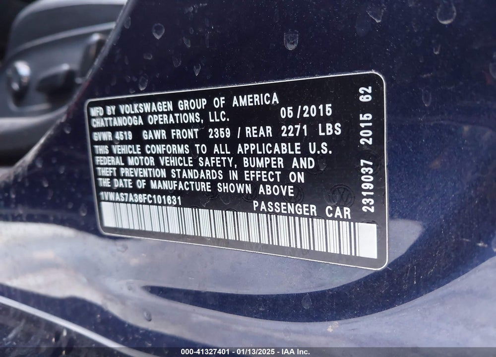 2015 VOLKSWAGEN PASSAT VIN: 1VWAS7A36FC101631