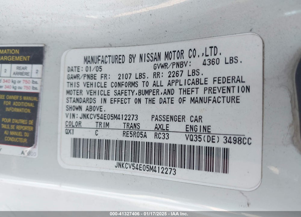 2005 INFINITI G35 VIN: JNKCV54E05M412273
