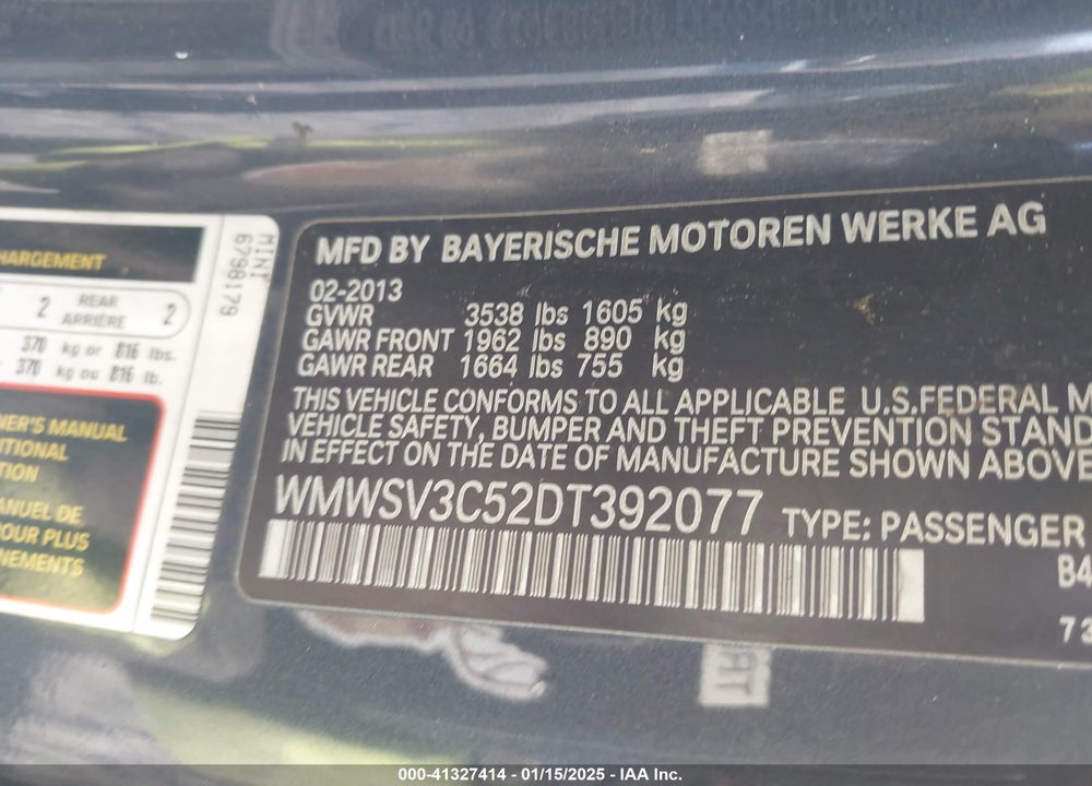 2013 MINI HARDTOP VIN: WMWSV3C52DT392077