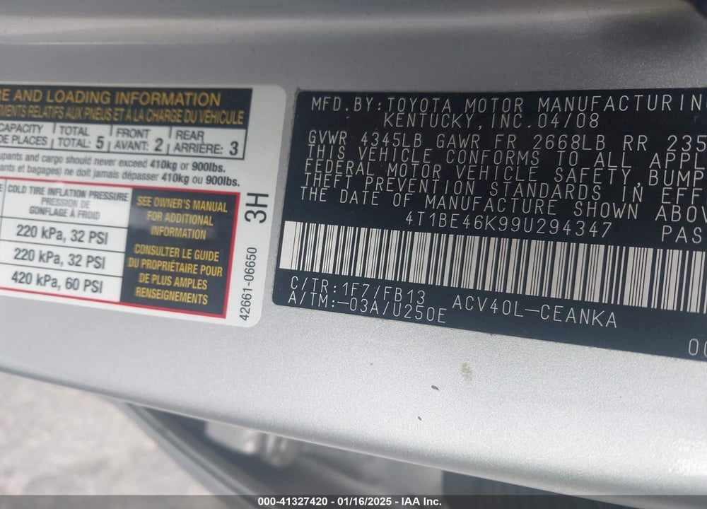 2009 TOYOTA CAMRY LE VIN: 4T1BE46K99U294347