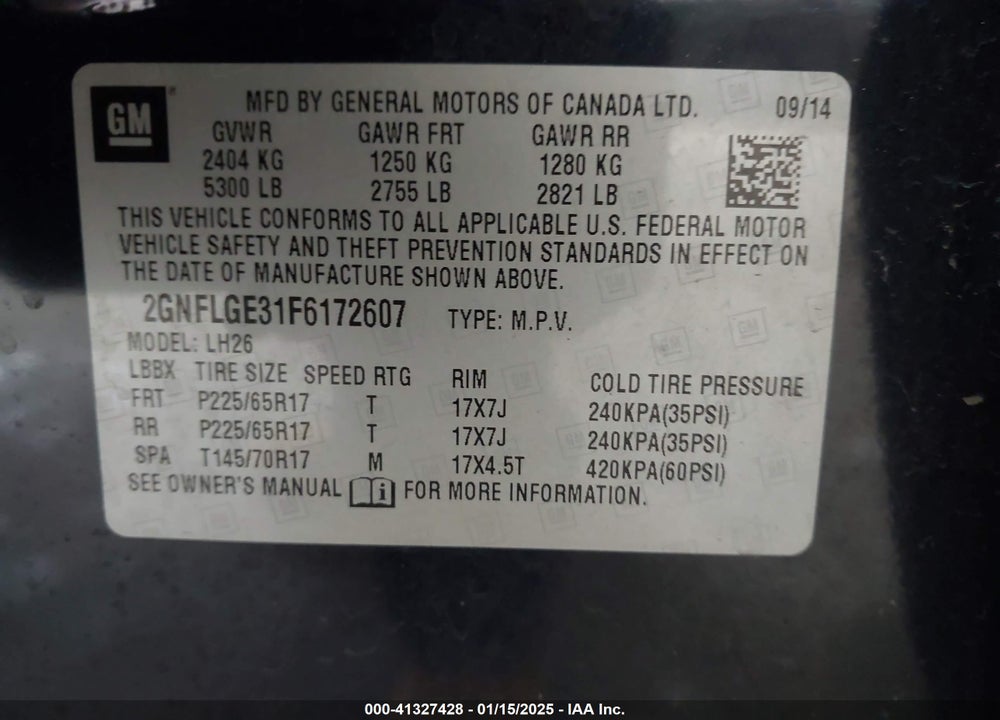 2015 CHEVROLET EQUINOX 2LT VIN: 2GNFLGE31F6172607