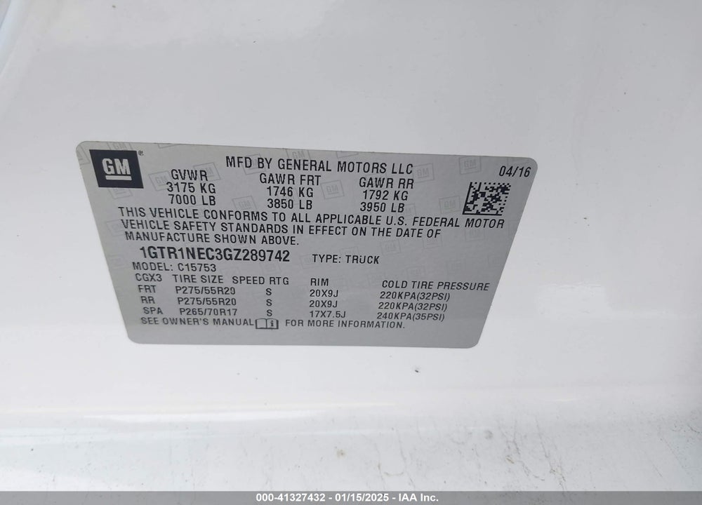 2016 GMC SIERRA 1500 VIN: 1GTR1NEC3GZ289742