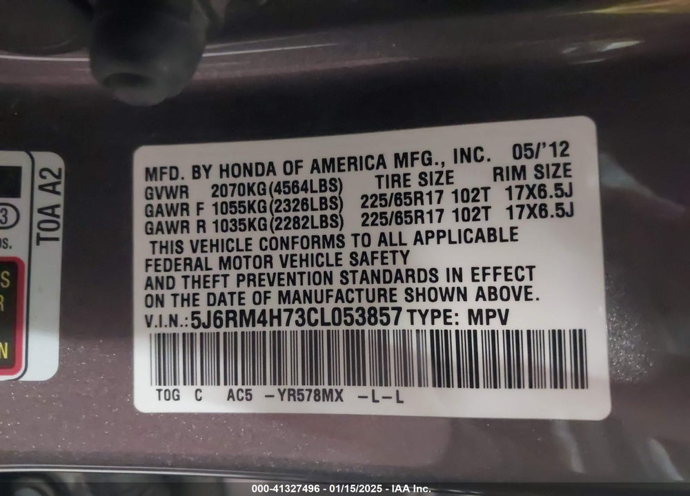 2012 HONDA CR-V EX-L VIN: 5J6RM4H73CL053857