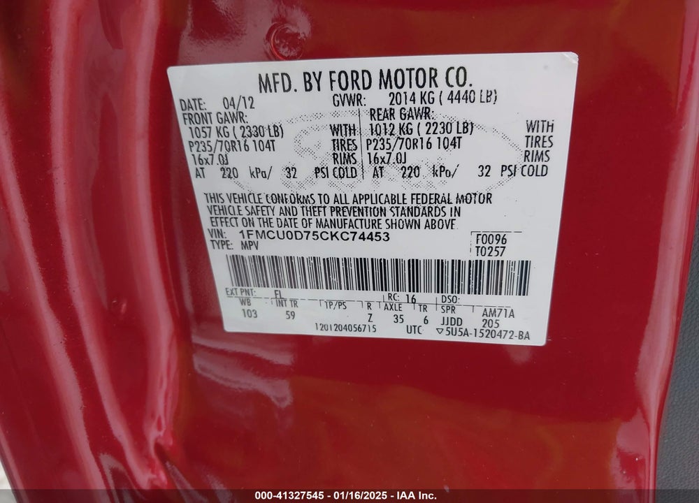 2012 FORD ESCAPE XLT VIN: 1FMCU0D75CKC74453