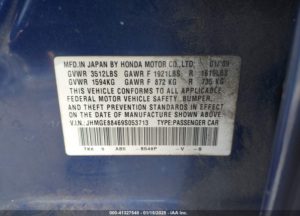 2009 HONDA FIT SPORT VIN: JHMGE88469S053713