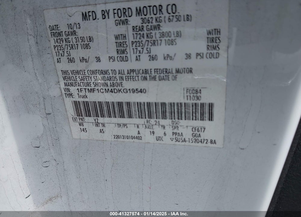 2013 FORD F-150 VIN: 1FTMF1CM4DKG19540