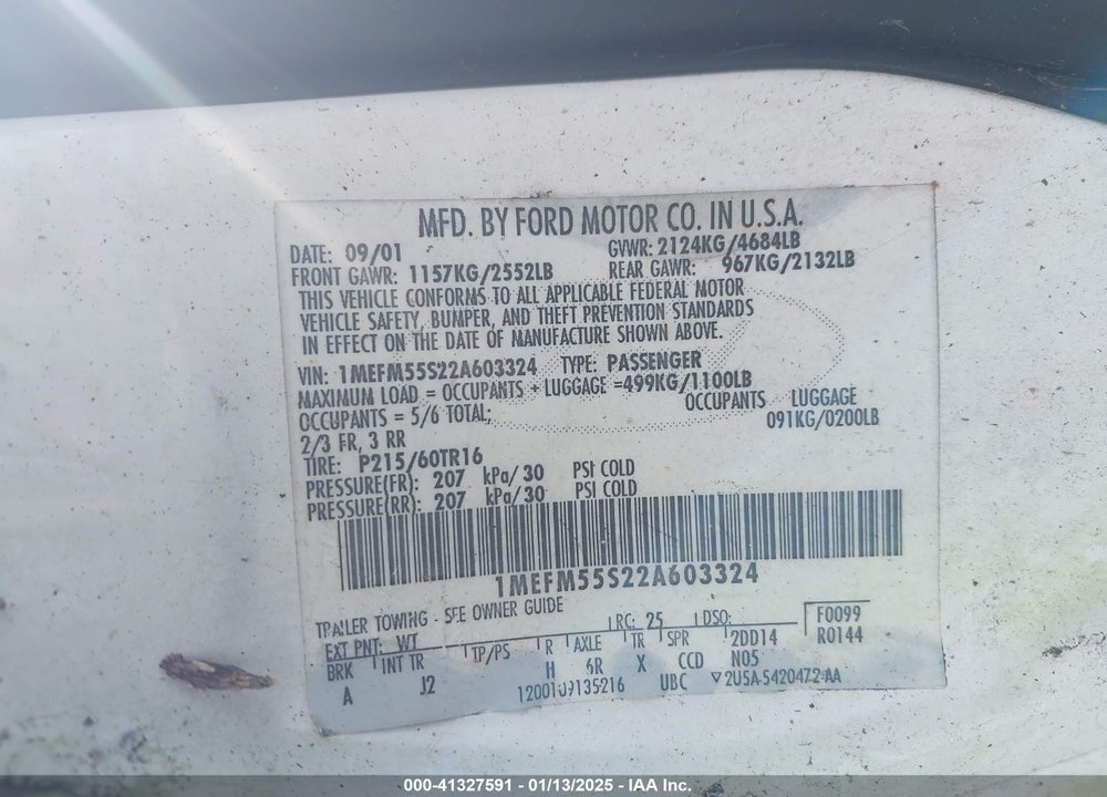 2002 MERCURY SABLE LS PREMIUM VIN: 1MEFM55S22A603324