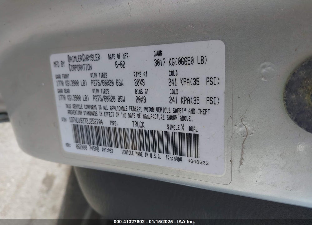 2002 DODGE RAM 1500 ST VIN: 1D7HU18Z72J252704