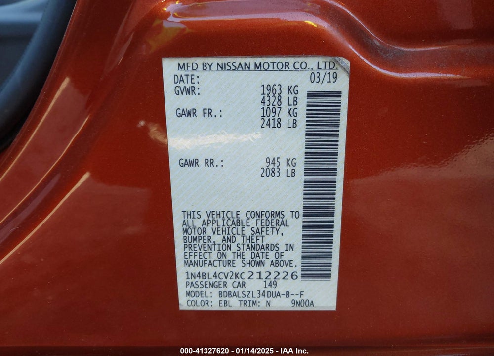 2019 NISSAN ALTIMA VIN: 1N4BL4CV2KC212226