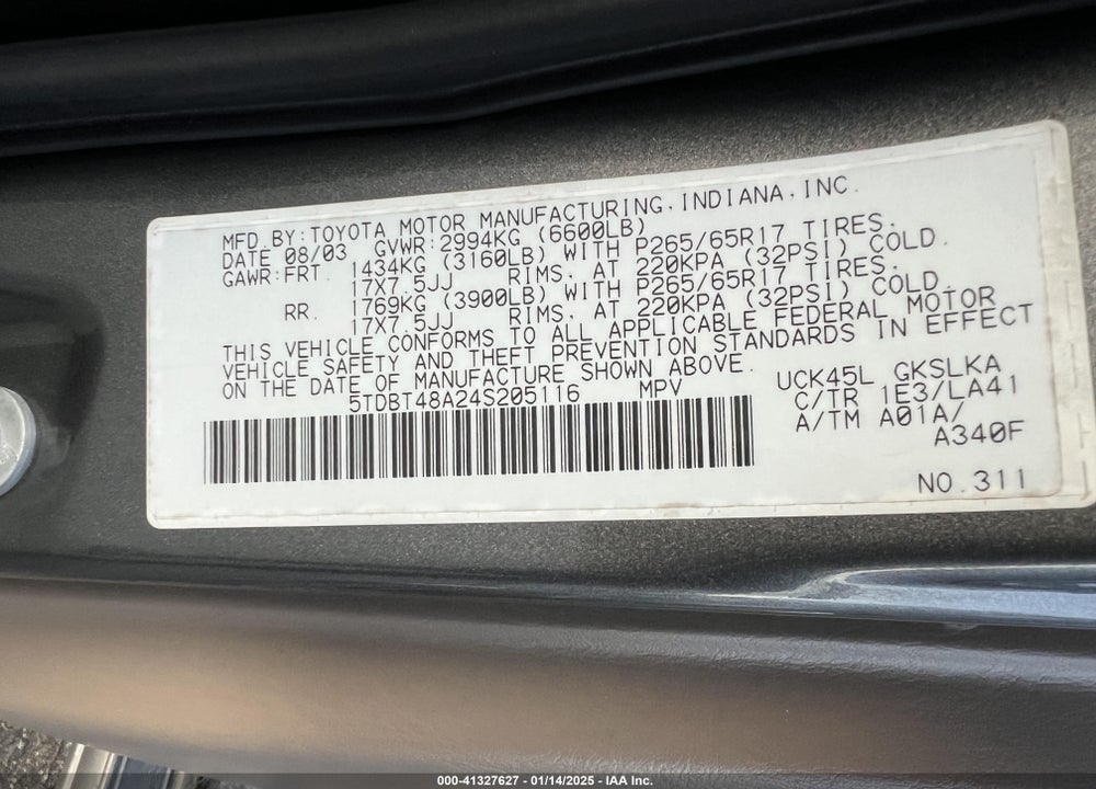 2004 TOYOTA SEQUOIA LIMITED V8 VIN: 5TDBT48A24S205116