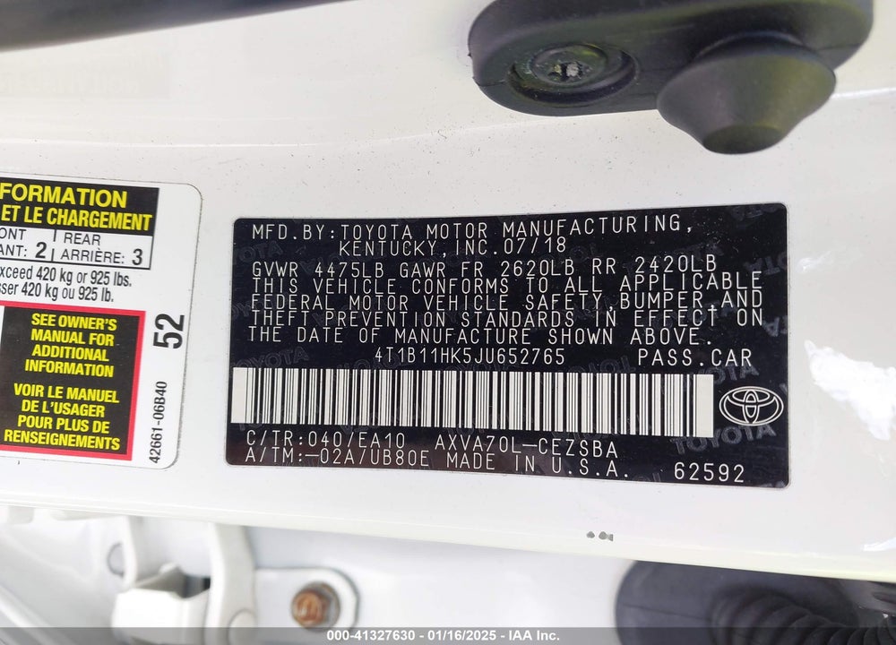 2018 TOYOTA CAMRY VIN: 4T1B11HK5JU652765