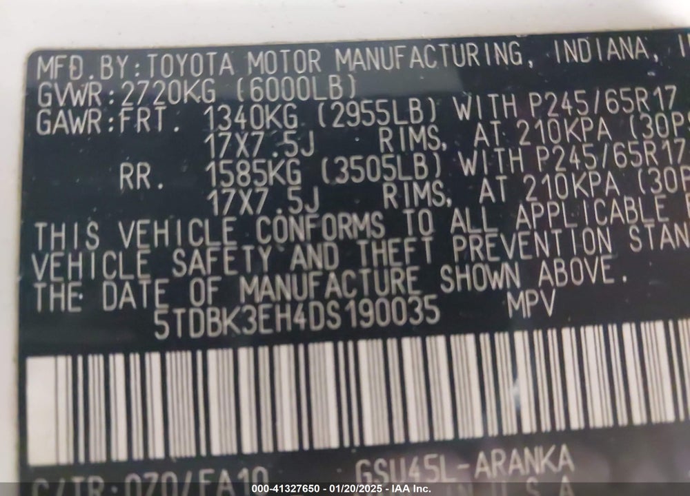 2013 TOYOTA HIGHLANDER BASE PLUS V6 VIN: 5TDBK3EH4DS190035