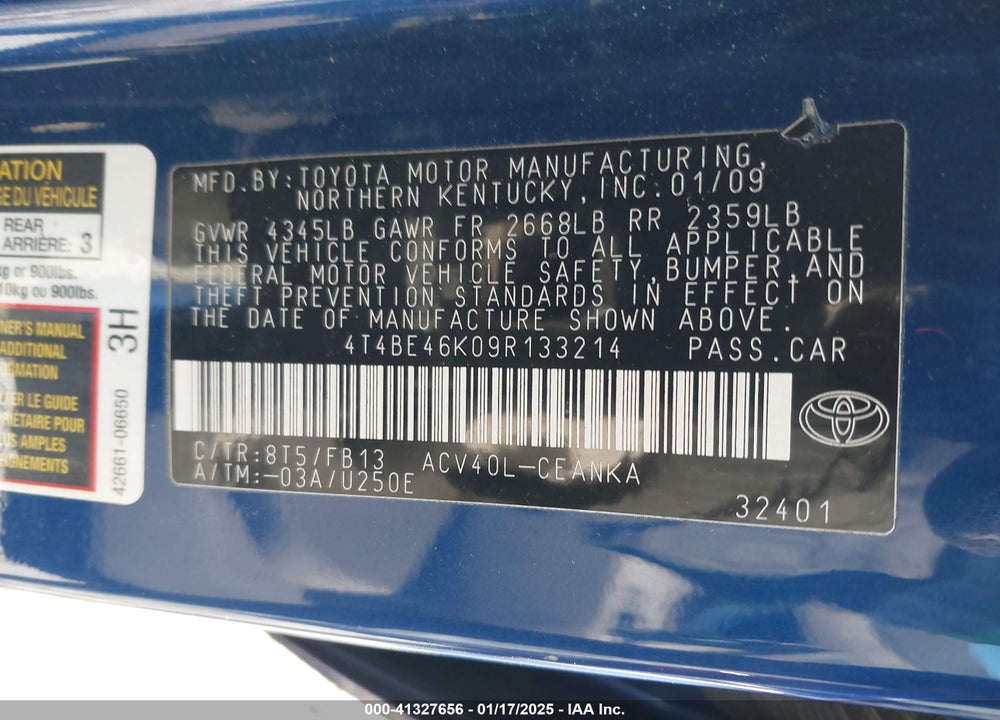 2009 TOYOTA CAMRY LE VIN: 4T4BE46K09R133214