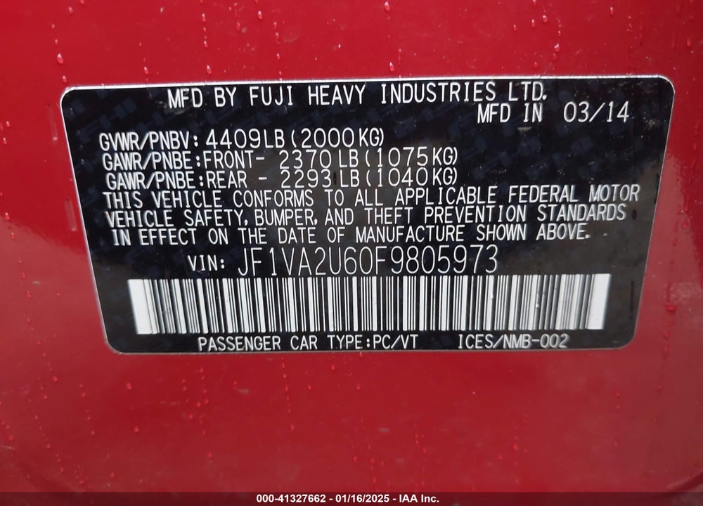 2015 SUBARU WRX STI VIN: JF1VA2U60F9805973