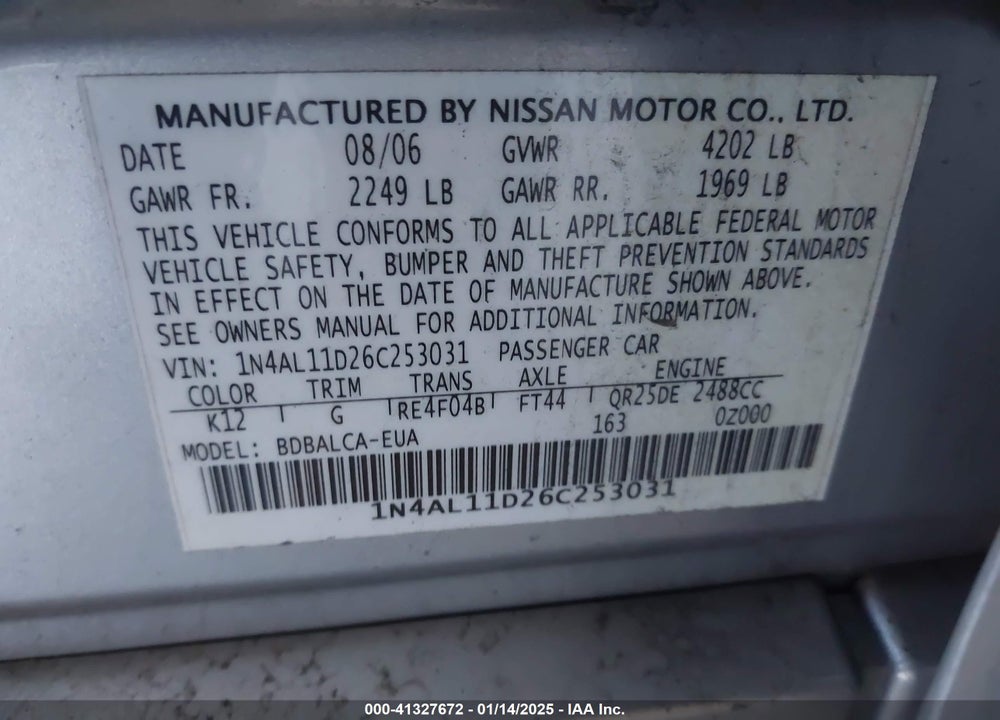 2006 NISSAN ALTIMA S/SL VIN: 1N4AL11D26C253031