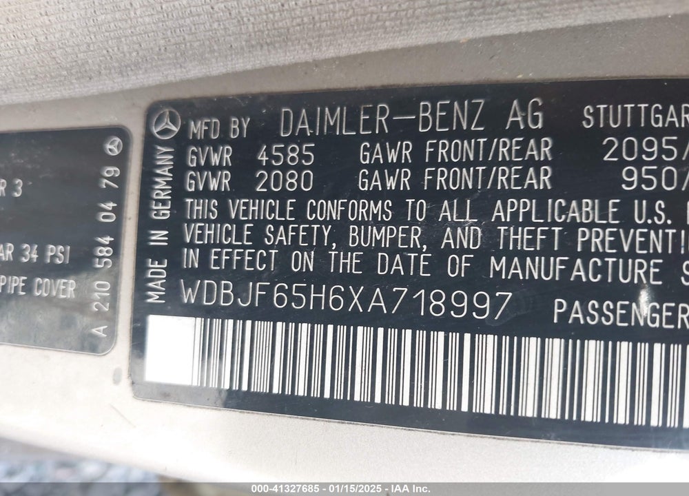 1999 MERCEDES-BENZ E 320 VIN: WDBJF65H6XA718997