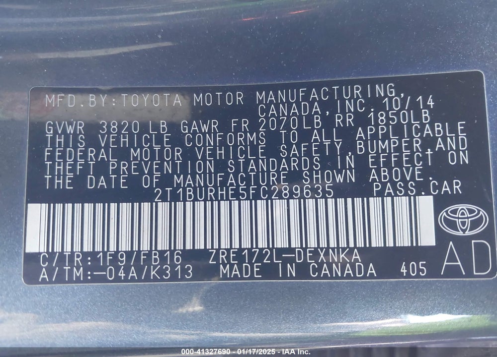 2015 TOYOTA COROLLA VIN: 2T1BURHE5FC289635