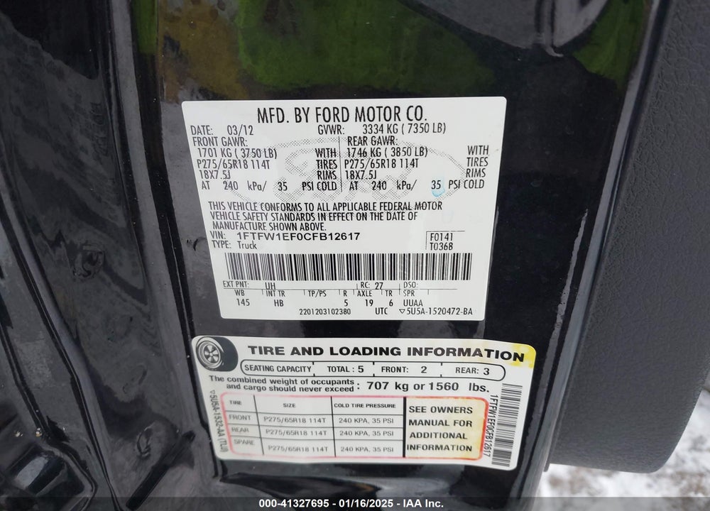 2012 FORD F-150 LARIAT VIN: 1FTFW1EF0CFB12617