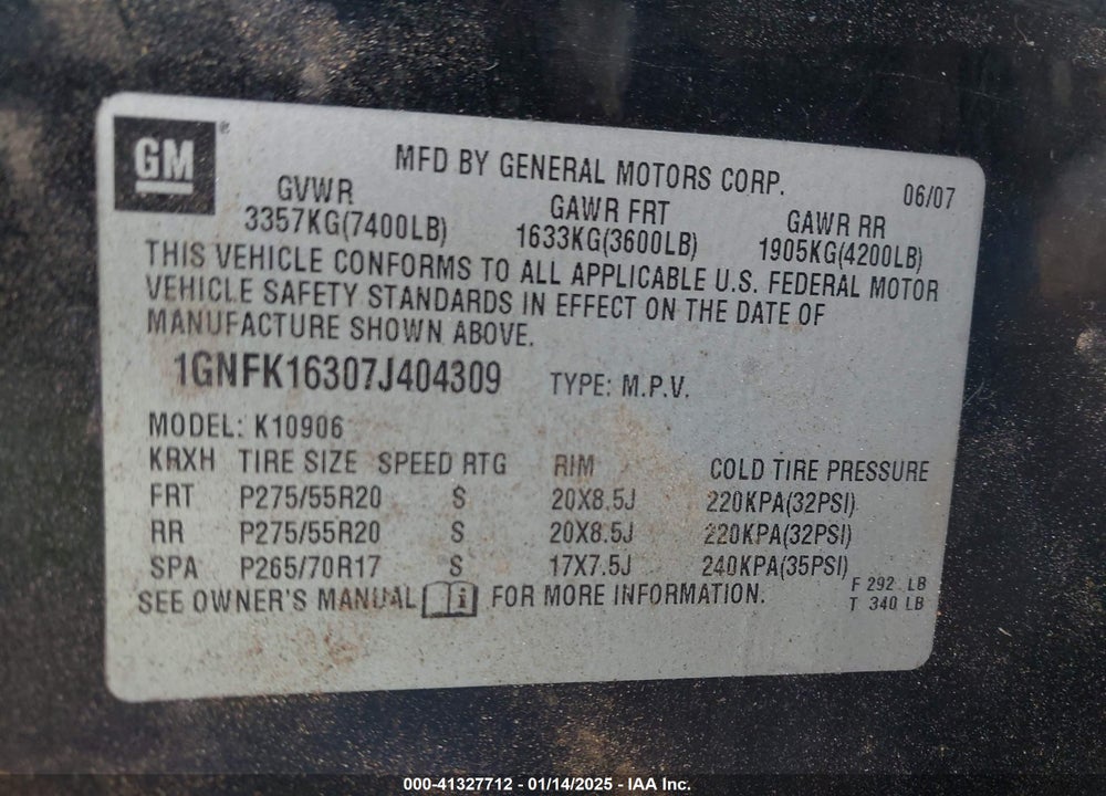2007 CHEVROLET SUBURBAN 1500 LTZ VIN: 1GNFK16307J404309