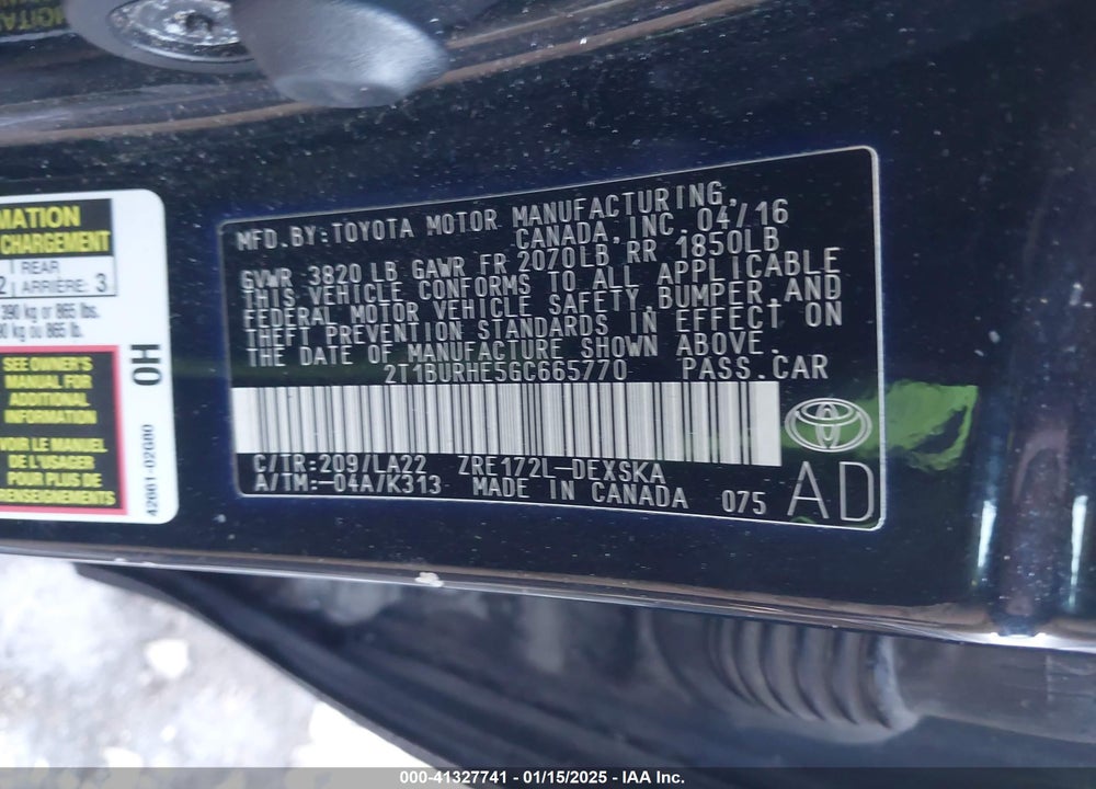 2016 TOYOTA COROLLA VIN: 2T1BURHE5GC665770