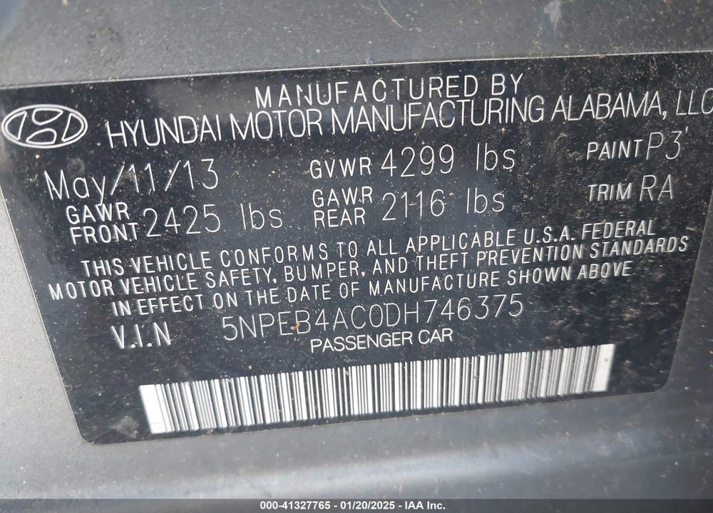 2013 HYUNDAI SONATA GLS VIN: 5NPEB4AC0DH746375