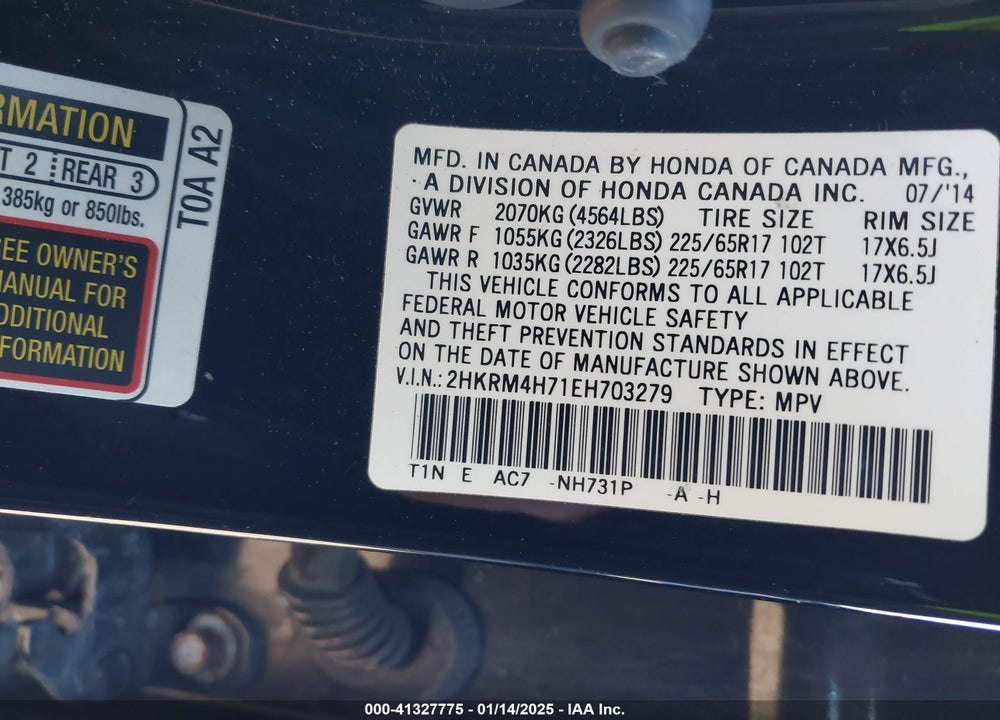 2014 HONDA CR-V EX-L VIN: 2HKRM4H71EH703279