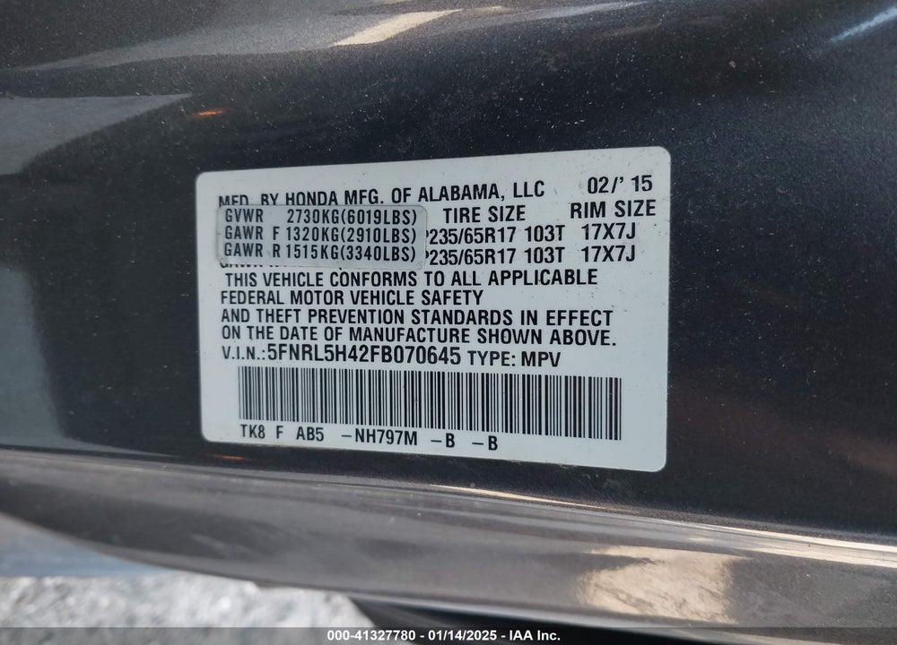 2015 HONDA ODYSSEY EX VIN: 5FNRL5H42FB070645