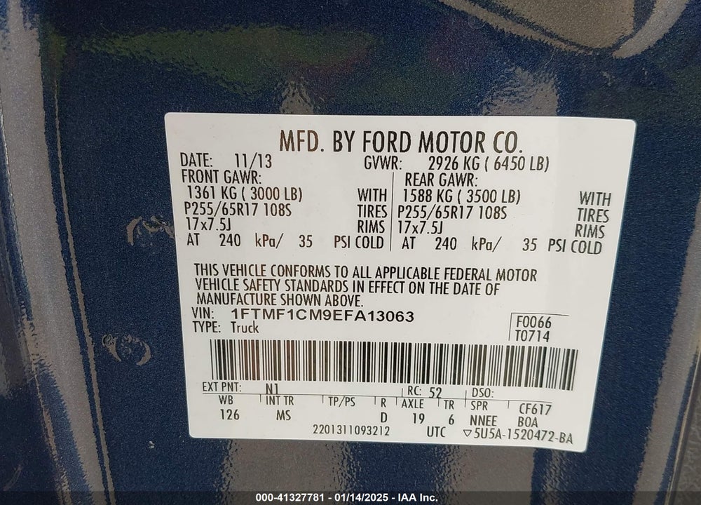 2014 FORD F-150 XLT VIN: 1FTMF1CM9EFA13063