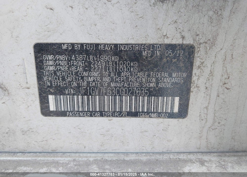 2012 SUBARU IMPREZA WRX PREMIUM VIN: JF1GV7F63CG027635
