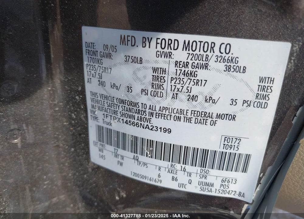 2006 FORD F-150 VIN: 1FTPX14566NA23199