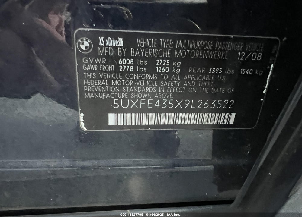 2009 BMW X5 XDRIVE30I VIN: 5UXFE435X9L263522