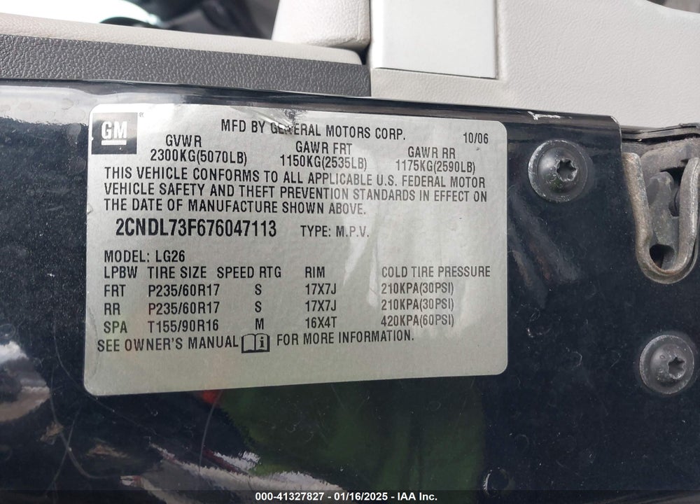 2007 CHEVROLET EQUINOX LT VIN: 2CNDL73F676047113