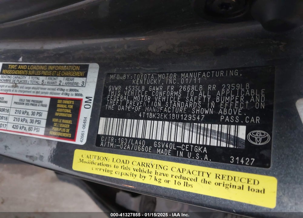 2011 TOYOTA CAMRY XLE V6 VIN: 4T1BK3EK1BU129547