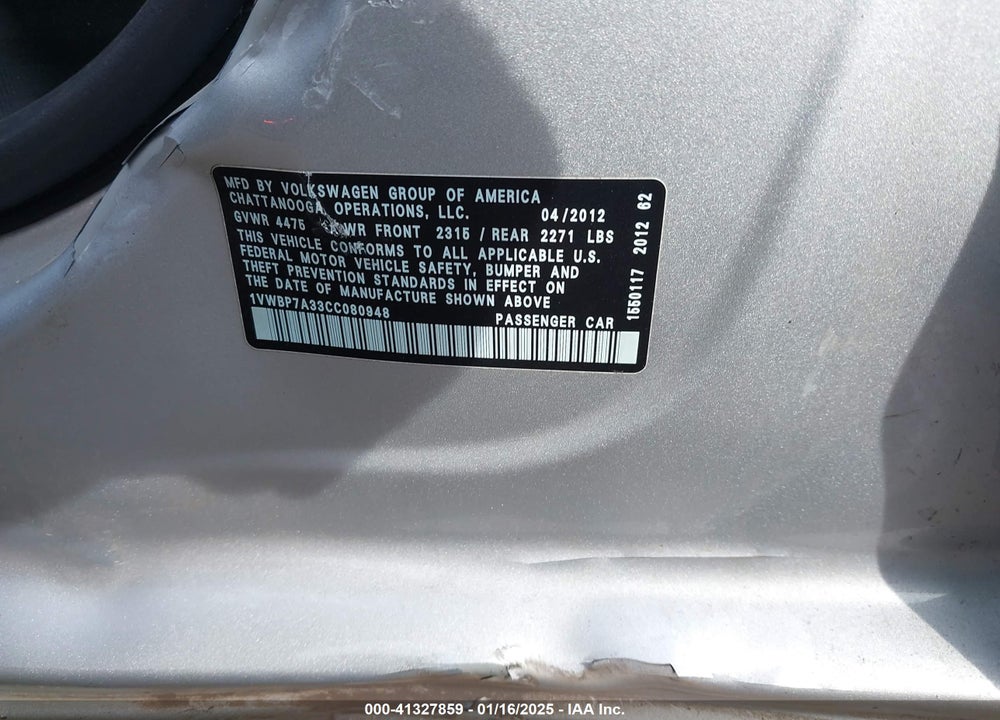 2012 VOLKSWAGEN PASSAT VIN: 1VWBP7A33CC080948