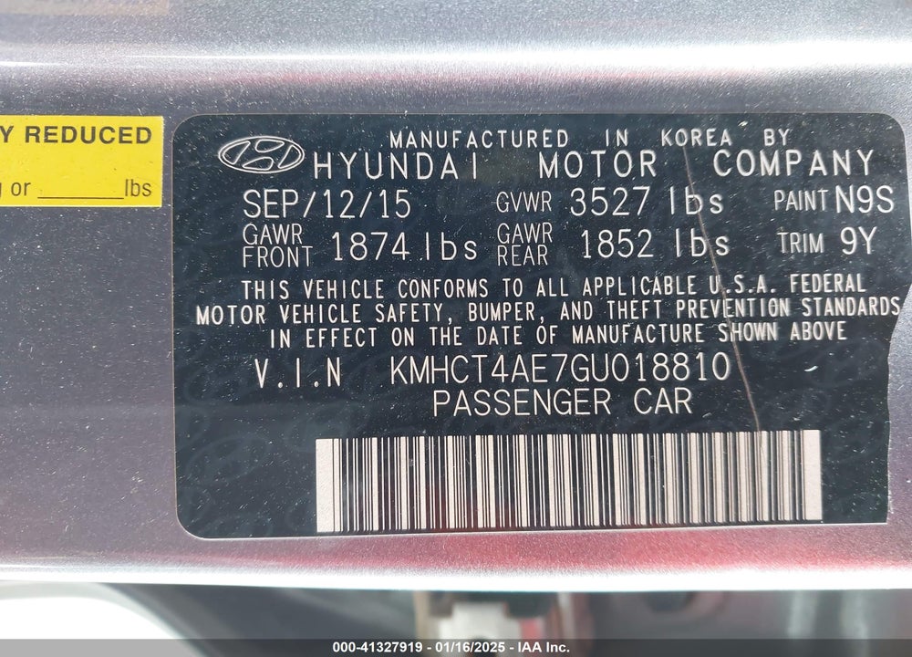 2016 HYUNDAI ACCENT VIN: KMHCT4AE7GU018810