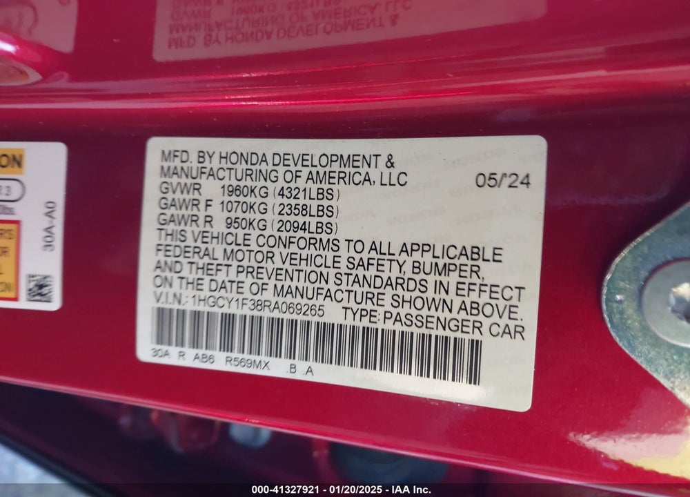 2024 HONDA ACCORD VIN: 1HGCY1F38RA069265