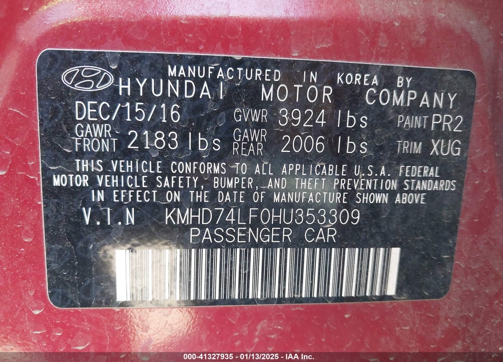 2017 HYUNDAI ELANTRA VIN: KMHD74LF0HU353309