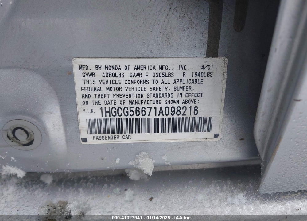 2001 HONDA ACCORD 2.3 EX VIN: 1HGCG56671A098216