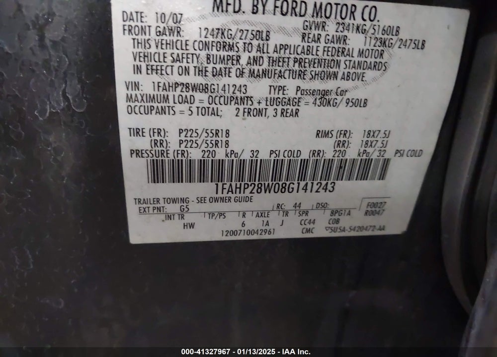 2008 FORD TAURUS VIN: 1FAHP28W08G141243