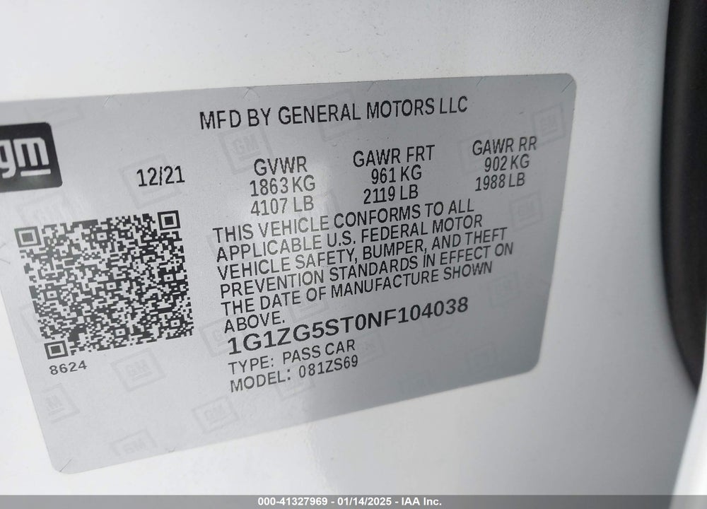 2022 CHEVROLET MALIBU VIN: 1G1ZG5ST0NF104038