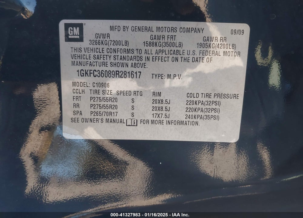 2009 GMC YUKON XL 1500 SLT2 VIN: 1GKFC36089R281617
