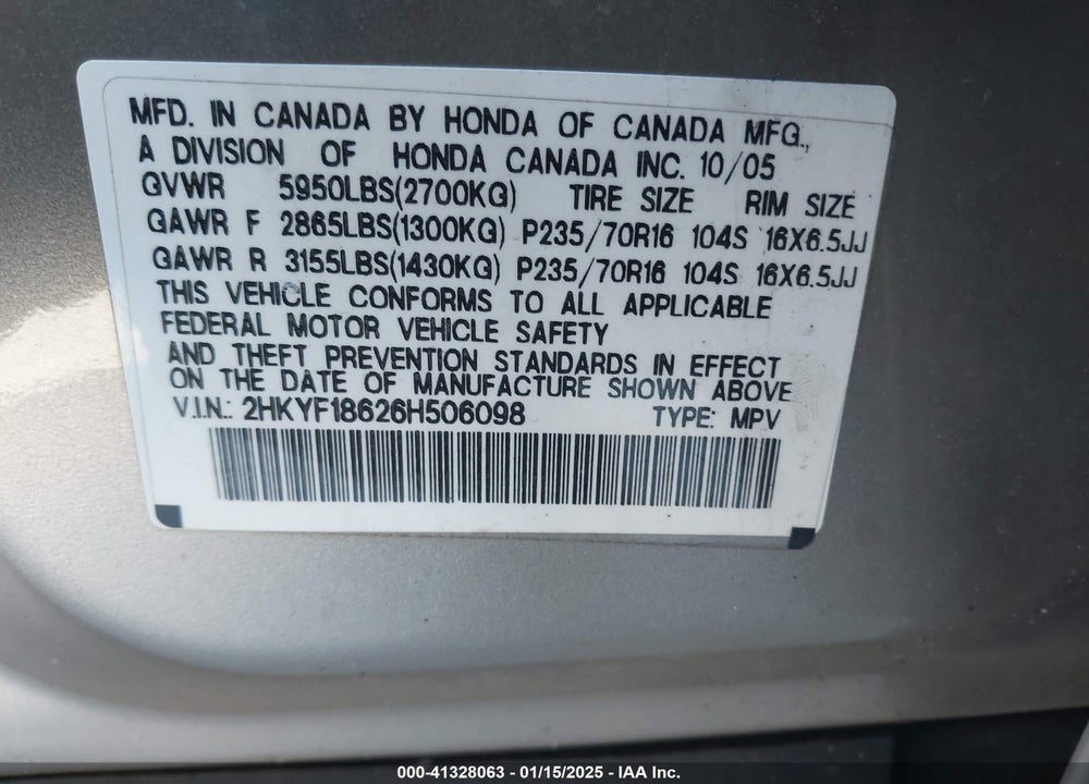 2006 HONDA PILOT EX-L VIN: 2HKYF18626H506098