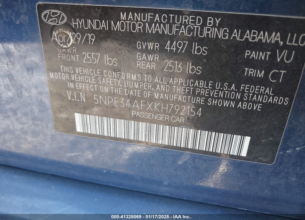 2019 HYUNDAI SONATA VIN: 5NPE34AFXKH792154
