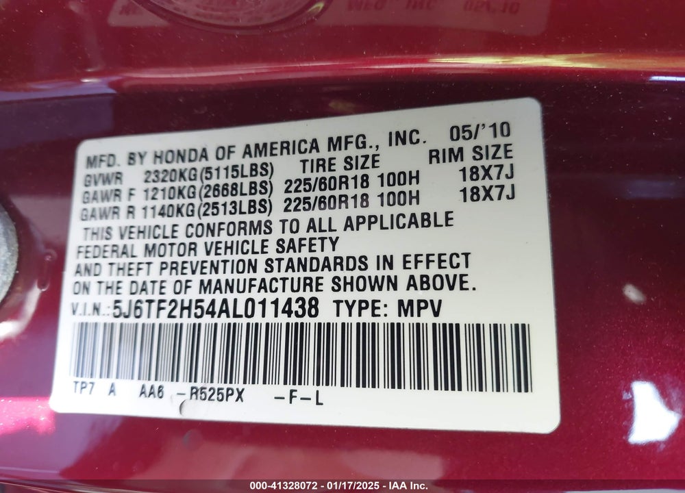 2010 HONDA ACCORD CROSSTOUR EX-L VIN: 5J6TF2H54AL011438