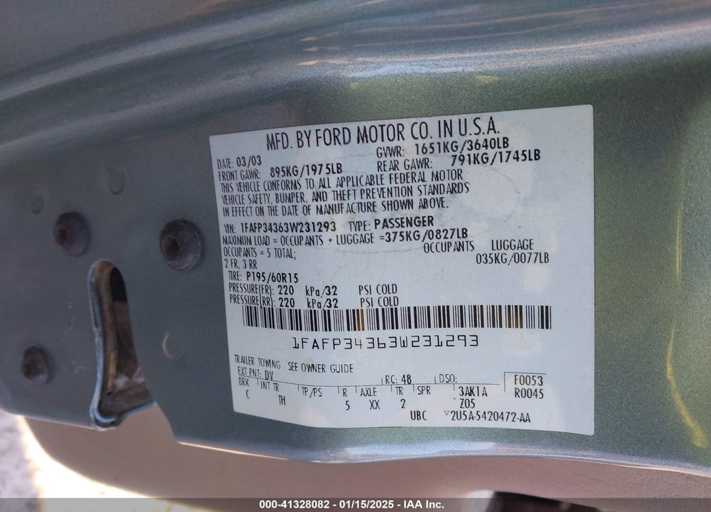 2003 FORD FOCUS SE VIN: 1FAFP34363W231293